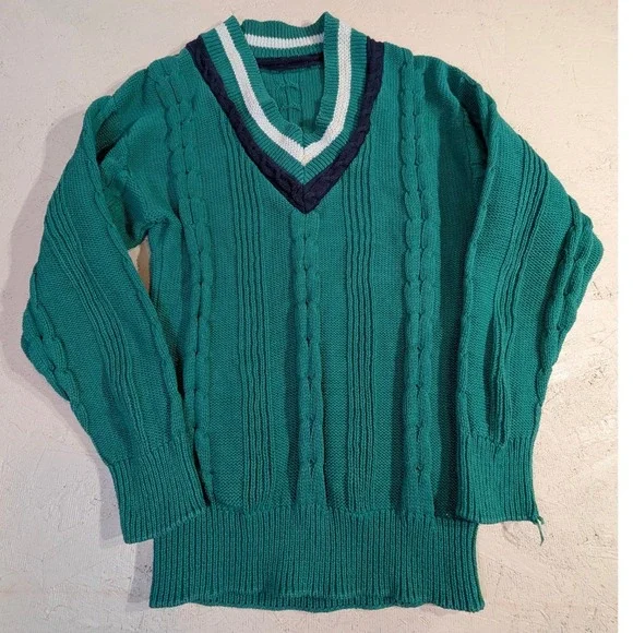 Vintage Cotton Sweater – L Teal/Green Cricket V-Neck Cable Knit READ - Picture 8 of 8